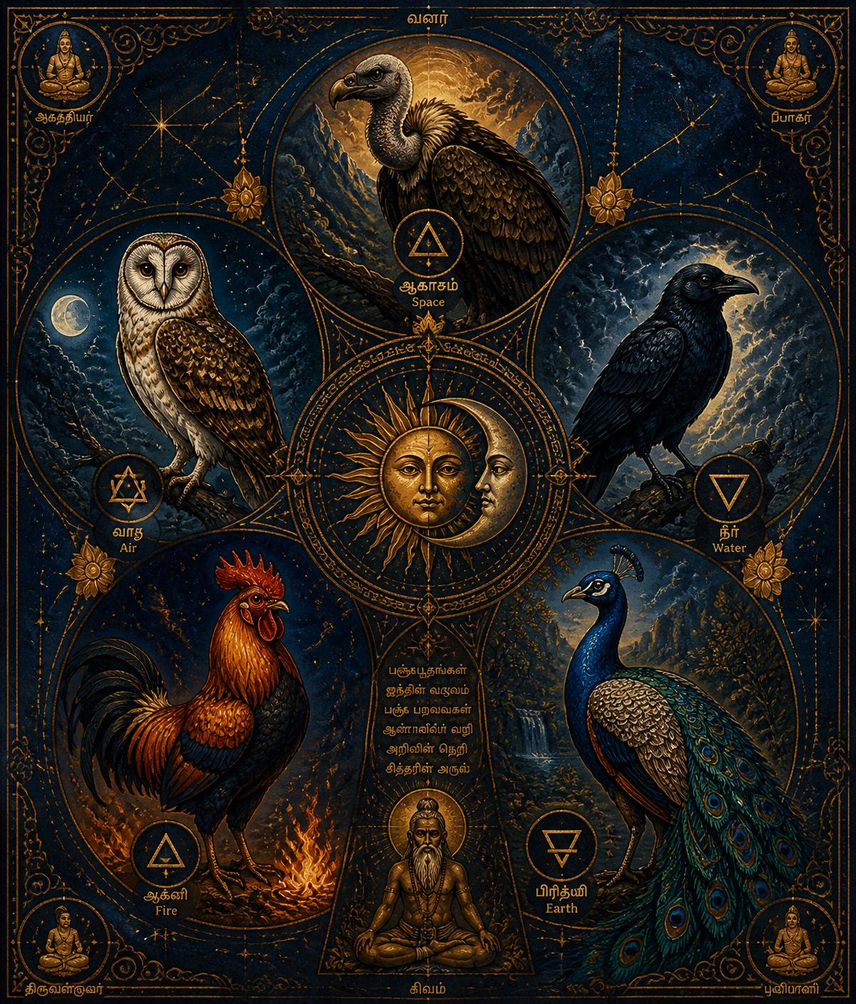 The five sacred birds of Pancha Pakshi Shastra — vulture, owl, crow, rooster, peacock