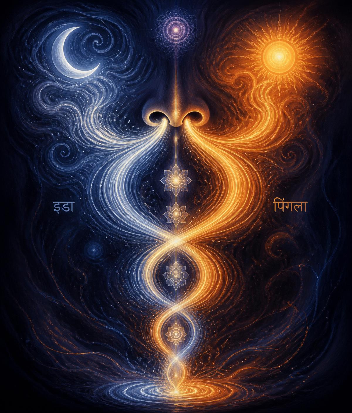 Ida and Pingala breath currents — the lunar and solar channels of Swara Vidya